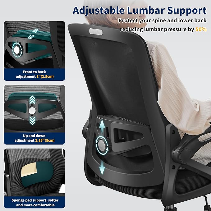 Ergonomic Office Chair Desk Chair with Adjustable Lumbar Support | Mesh Computer Chair Home Office Desk Chair with Flip-up Armrests Executive Task Chair Comfy Mesh Gaming Chair (4Pcs) - Image 4