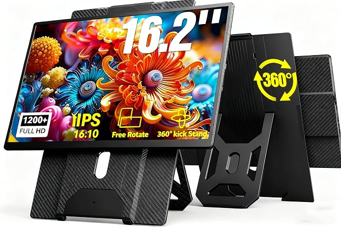 APILDELLA 16.2" Portable Laptop Monitor Extender, 1200P HDR Screen with 360° Rotation, Ultra-Light Travel Second Screen, Plug & Play via Mini HDMI/Type-C, Compatible with Windows/Mac/PS5 by APILDELLA