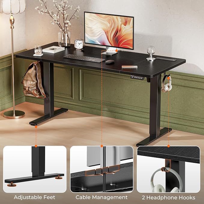 Huuger 55 x 28 Large Electric Standing Desk with 4 AC Outlets, Type-C Port, Height Adjustable Computer Desk, 27.6" Deep Desktop, Stand up Gaming Office Desk, 3 Preset Heights, for Home Office, Black - Image 9