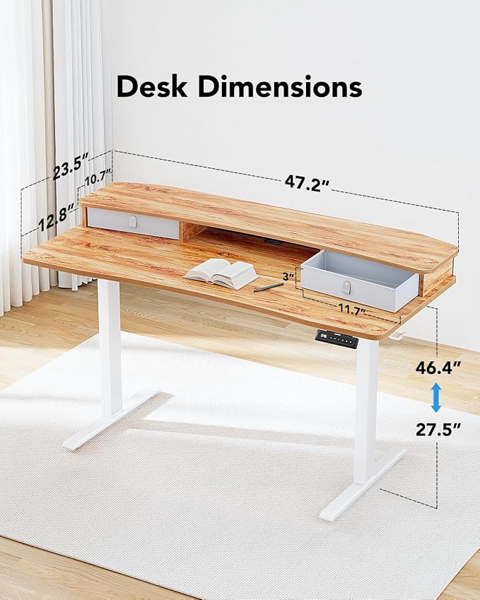 HUANUO 48″ x 24″ Electric Standing Desk with 2 Drawers, C-Clamp Mount Compatible, Height Adjustable Computer Desk, Home Office Stand Up Desk with 4 Preset Heights & 2 Hooks, Light Vintage - Image 3