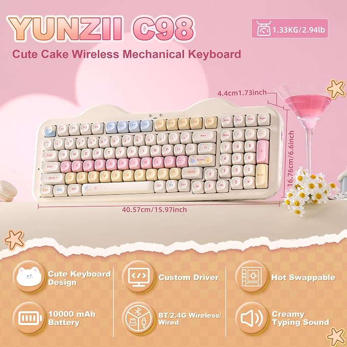 YUNZII C98 Cute Cake Wireless Mechanical Keyboard(Beige, Milk Switch) | 99 Keys with Number Pad, Hot Swap, PBT MOA Keycaps, BT5.0/2.4G/USB-C, Gasket Mount, Custom RGB Backlit for Win/Mac - Image 2