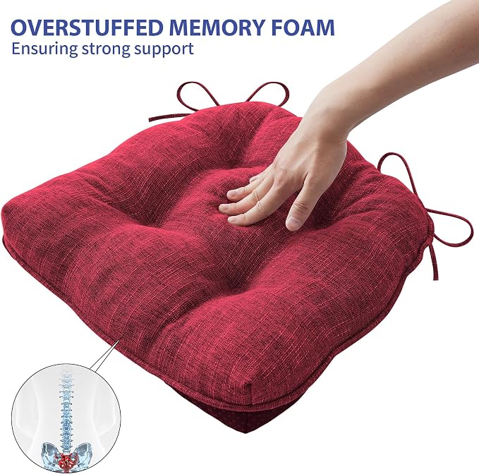 IPYNBAP Chair Cushions for Dining Chairs Set of 6, Red Kitchen Chair Cushions, Chair Pads with Ties and Non Slip Backing, Christmas Room Decor, Tufted Memory Foam Seat Cushion 6 Pack, 15.5"x15.5"x4" - Image 5