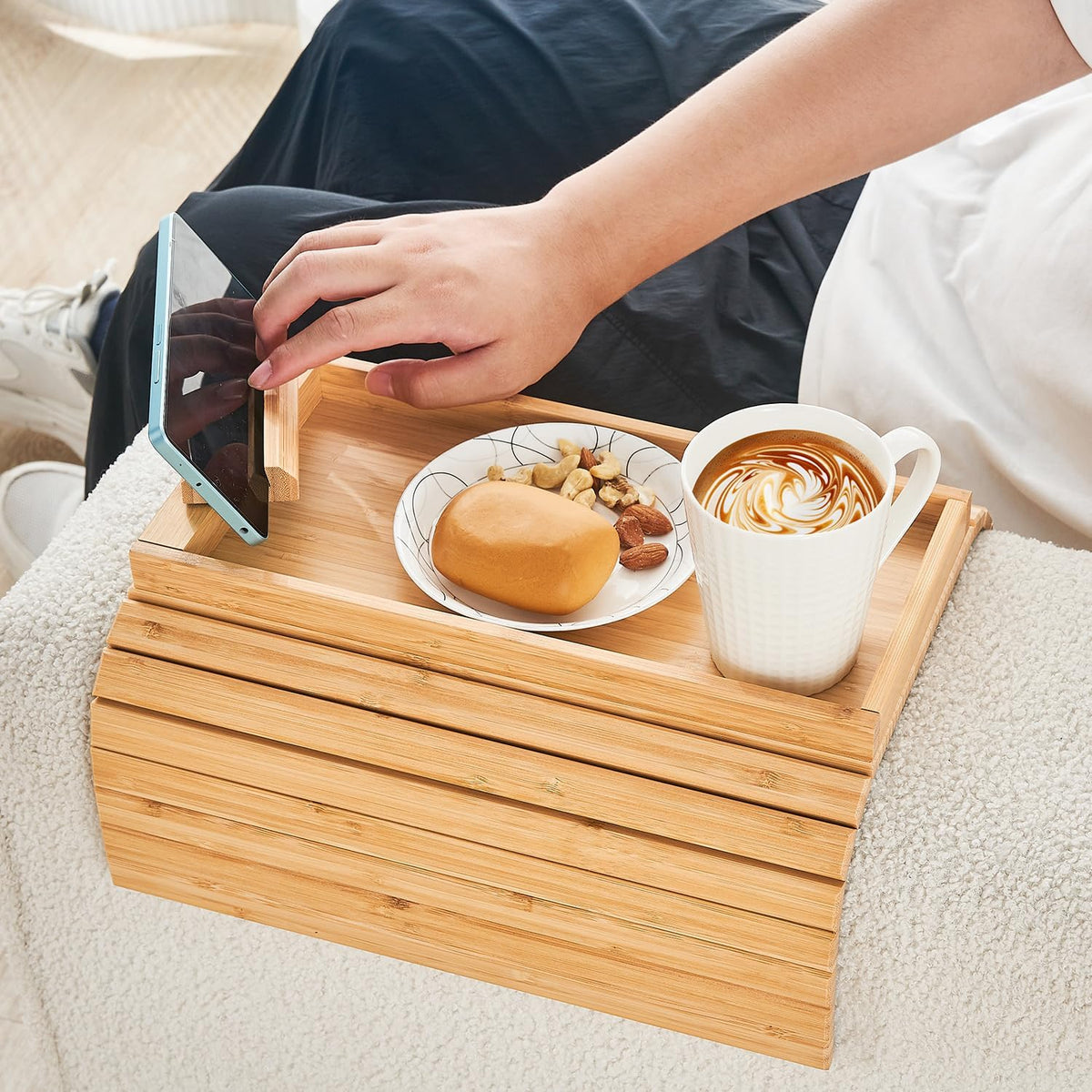 Bamboo Sofa Arm Tray, Anti Falling Couch Arm Tray Armrest Table with 360° Rotating Phone Holder, Foldable and Portable Sofa Armrest Trays Cup Holder for Drink,Cups, Phone, Snacks, Remote - Image 3