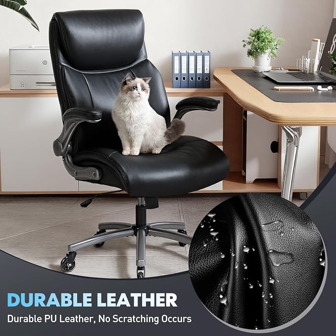 MALOL Ergonomic High-Back Executive Office Chairs, Heavy Duty Home Computer Chair with Lumbar Support, Flip-Up Arms, and PU Leather Upholstery, Black - Image 7