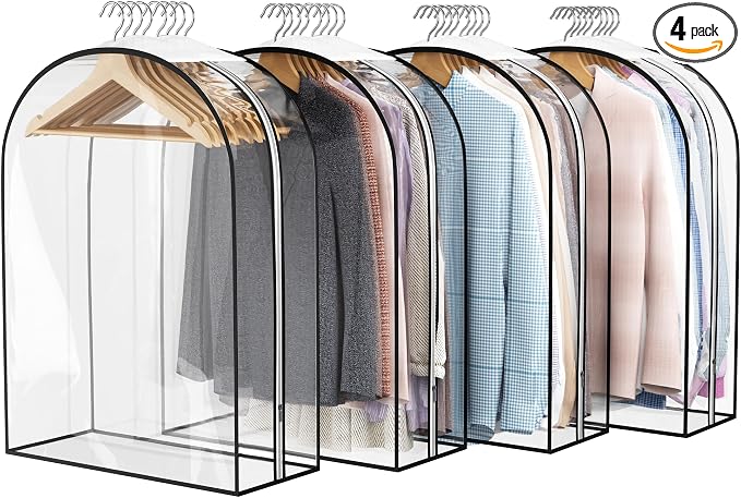 Liuoud Clear Garment Bags for Hanging Clothes 10” Gusseted, 4 Pack, 32” | Suit Bags for Closet Storage with Large Metal Zipper, Breathable odorless Hanging Plastic Clothes Cover for Coat Dress Fur by Liuoud