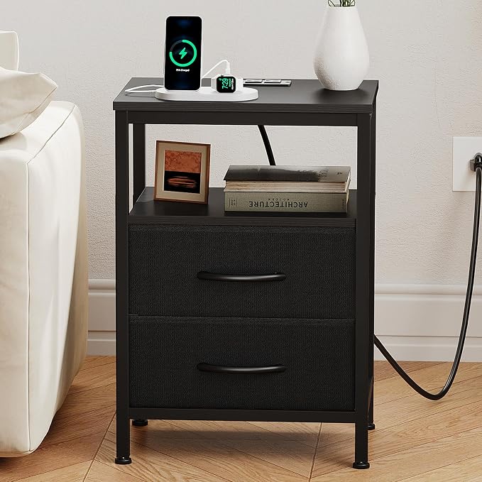 OLIXIS Nightstand with Charging Station, Beside Table with Fabric Drawers | 3-Tier End Table with Storage Shelf, Night Stand with USB Ports and Outlets for Bedroom, Black - Image 7