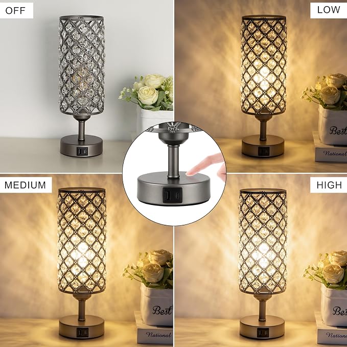 Crystal Table Lamp, 3 Way Dimmable Touch Lamps for Night Stands, Gray | Gray Crystal Bedside Lamp, Nightstand Lamp for Bedroom - Image 4