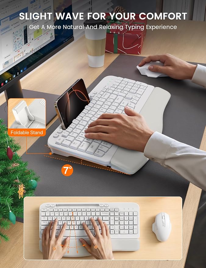 Wireless Keyboard and Mouse Combo with Ergonomic Wave Key | Leather Soft Palm Rest, Rechargeable, 4-Level DPI, Phone Holder, 2.4GHz, MA22 Plus Full Size Set for PC, Laptop, Windows, Mac - Image 2