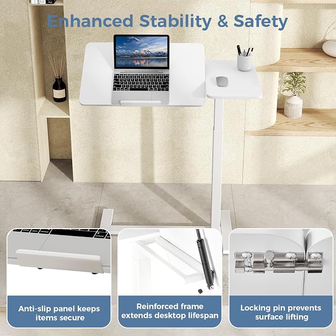 DUMOS Standing Desk with Wheels, Rolling Desk, Laptop Table | Adjustable Height, Portable Computer Workstation, Tilting Desktop, Home Office Classroom Bedside, White - Image 8