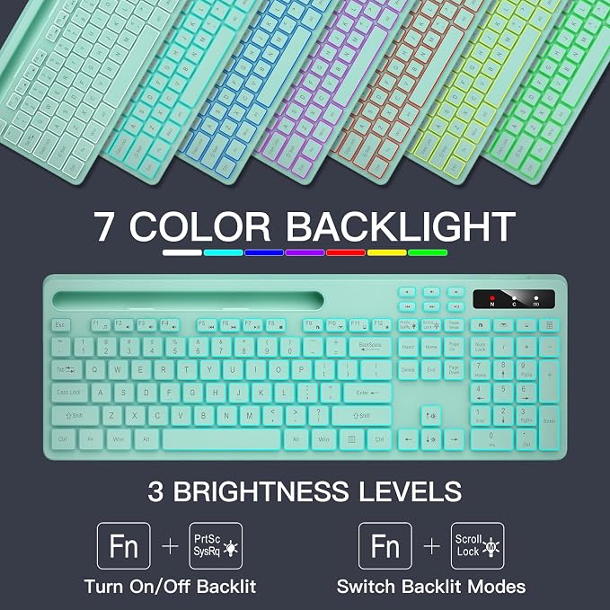 Wireless Keyboard with 7-Color RGB Backlit, Soueto Full-Size Computer Keyboard with Phone Tablet Holder, 2.4G Rechargeable Gaming Keyboard with Light Up Keys, Compatible with Mac, Windows (Mint Green) - Image 2
