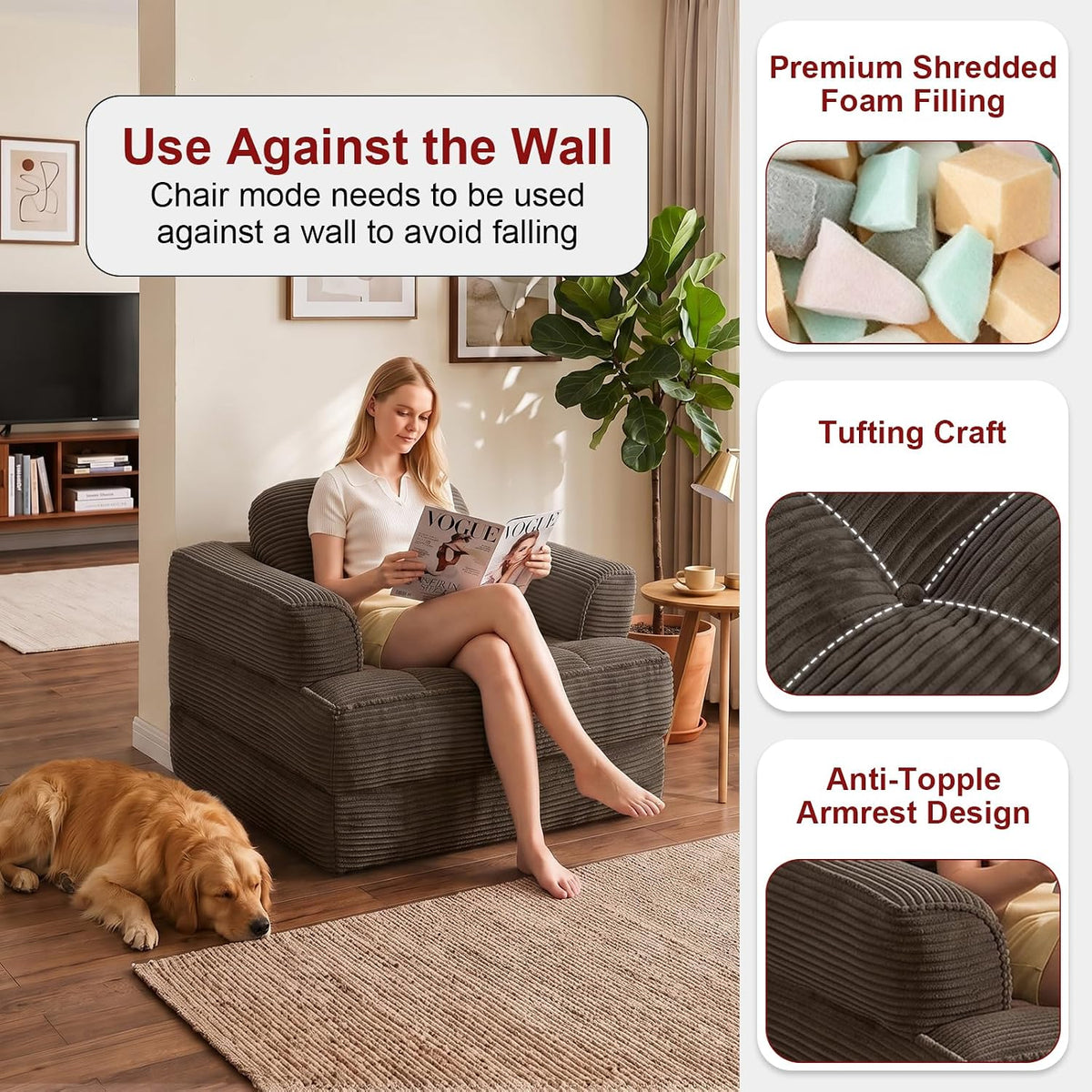 Folding Sofa Bed, 2-in-1 Convertible Sleeper Chair for Living Room - Image 4