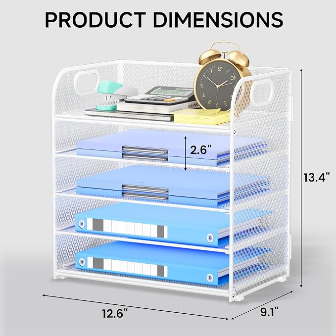 5-Tier Stackable Paper Organizer with Handle, White | Metal Mesh Desk Organizer Letter Tray, Office Storage & Organization for Home, School & Workplace - Image 2