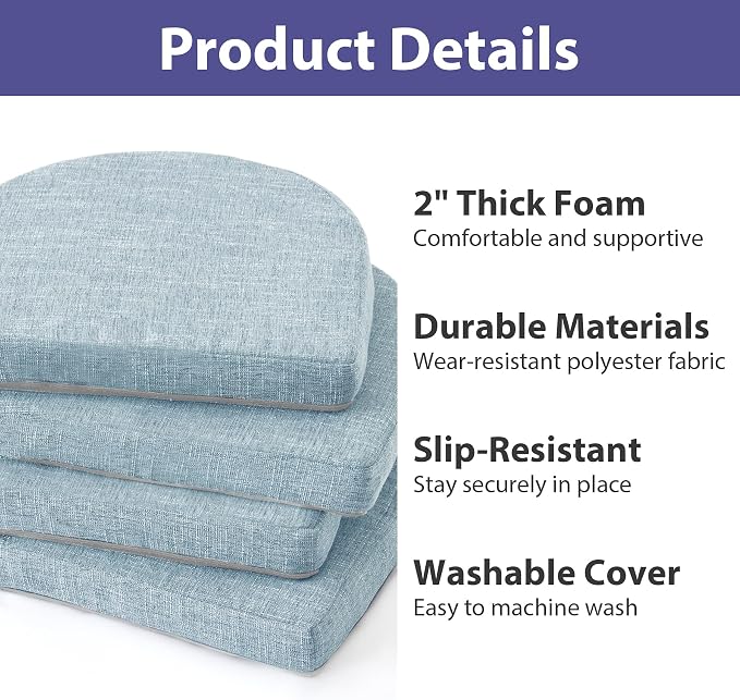 IPYNBAP Chair Cushions for Dining Chairs, Kitchen Chair Cushions, 16'' x 16'' x 2'', Non Slip Indoor Seat Cushions, Chair Pads for Dining Chairs with Ties & Removable Cover, Set of 2, Light Blue - Image 7