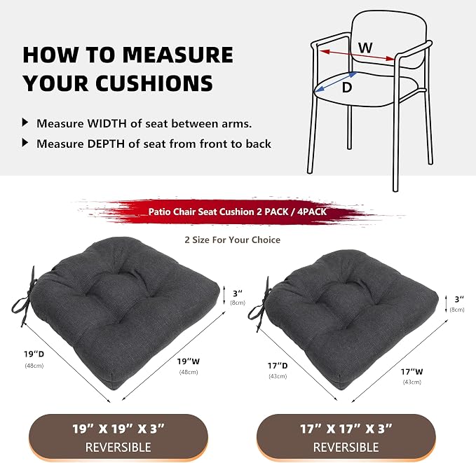 RACE LEAF Outdoor Seat Cushions Set of 2, 17" x 17" Square Patio Cushions, Plump Filling Tufted Water-Resistant Olefin Chair Seat Cushion with Ties for Non-Slip Support, Gray - Image 5