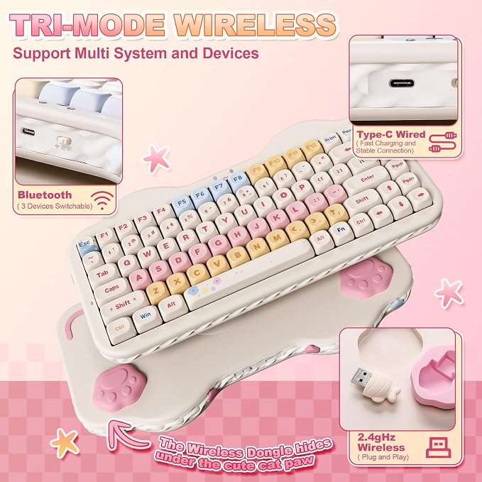 YUNZII C75 Cute 75% Wireless Mechanical Keyboard (Beige, Candy Switch) | Creamy Cake Keyboard, BT5.0/2.4G/USB-C, Hot-Swap, NKRO, PBT MOA Keycaps,5500mAh RGB Gasket Mount for Mac/Win/Gaming/Office - Image 3