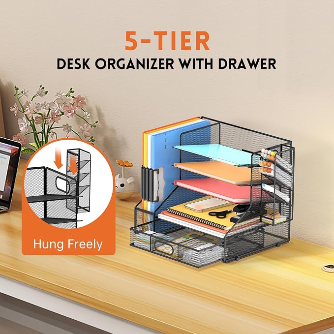 5-Tier Desk Organizer with File Holder & Pen Holder & Sliding Drawer, Black | Mesh Metal Paper Letter Tray for Papers, Mail, Office Supplies, and Desk Accessories - Image 4