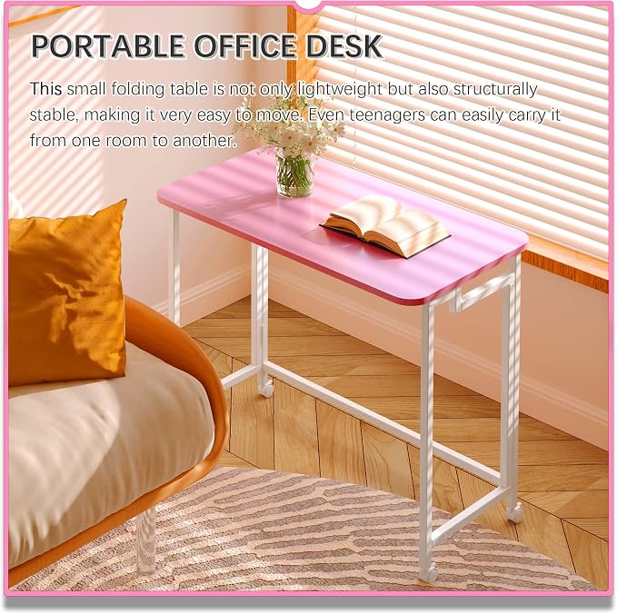 4NM 31.5" Mobile Small Rolling Computer Desk, Folding Laptop Cart Table with Wheels, Portable Office Desk for Small Space Couch Bed - Pink and White - Image 4