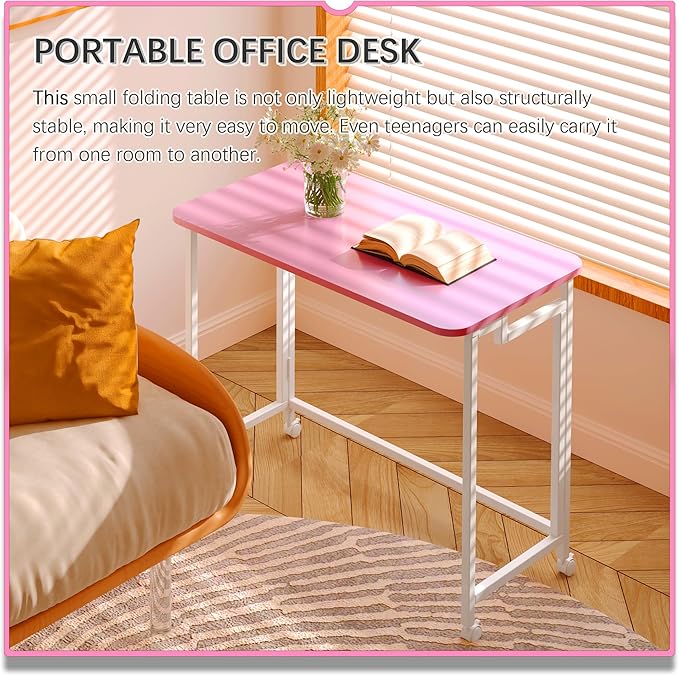 4NM 27.5" Mobile Small Rolling Computer Desk, Folding Laptop Cart Table with Wheels, Portable Office Desk for Small Space Couch Bed - Pink and White - Image 4