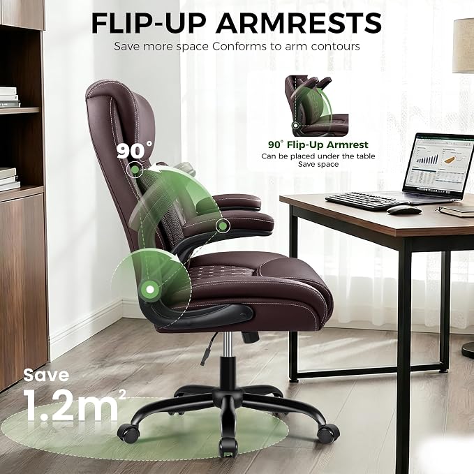 Office Chair, Ergonomic Executive Desk Chair with Lumbar Support for Lower Back Pain Relief, Padded Flip-Up Armrests, Leather Home Office Chair, Coffee - Image 6