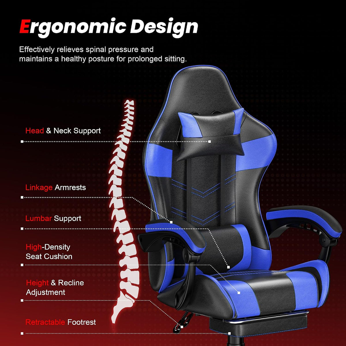 Gaming Chair with Footrest, Ergonomic Video Game Chair for Adults, Blue - Image 5