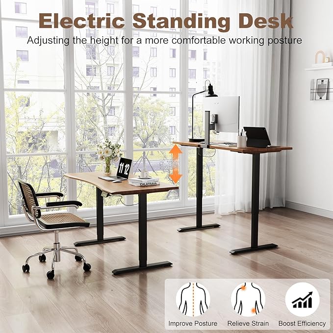 Solid Wood Electric Standing Desk, 55"x23.6" Walnut Standing Desk | 1 BOX,Home Office Desk with 3 Stages Single Motor, Wood Standing Desk with T-Shaped Metal Bracket for Gaming - Image 4