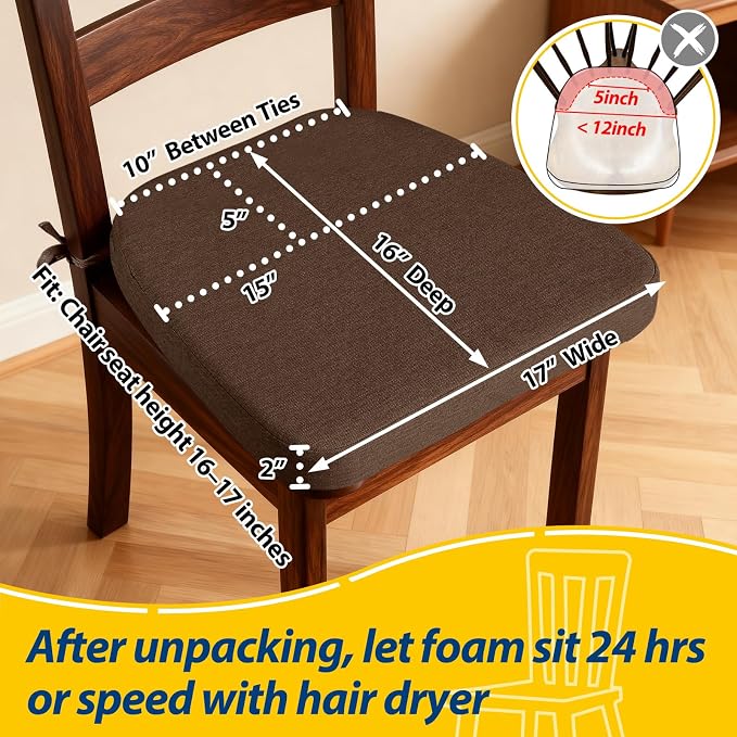 AAAAAcessories D-Shaped Chair Cushions, 2" Thick Dining Chair Pads with Ties and Removable, Machine-Washable Cover, 17" x 16", Brown - Image 2