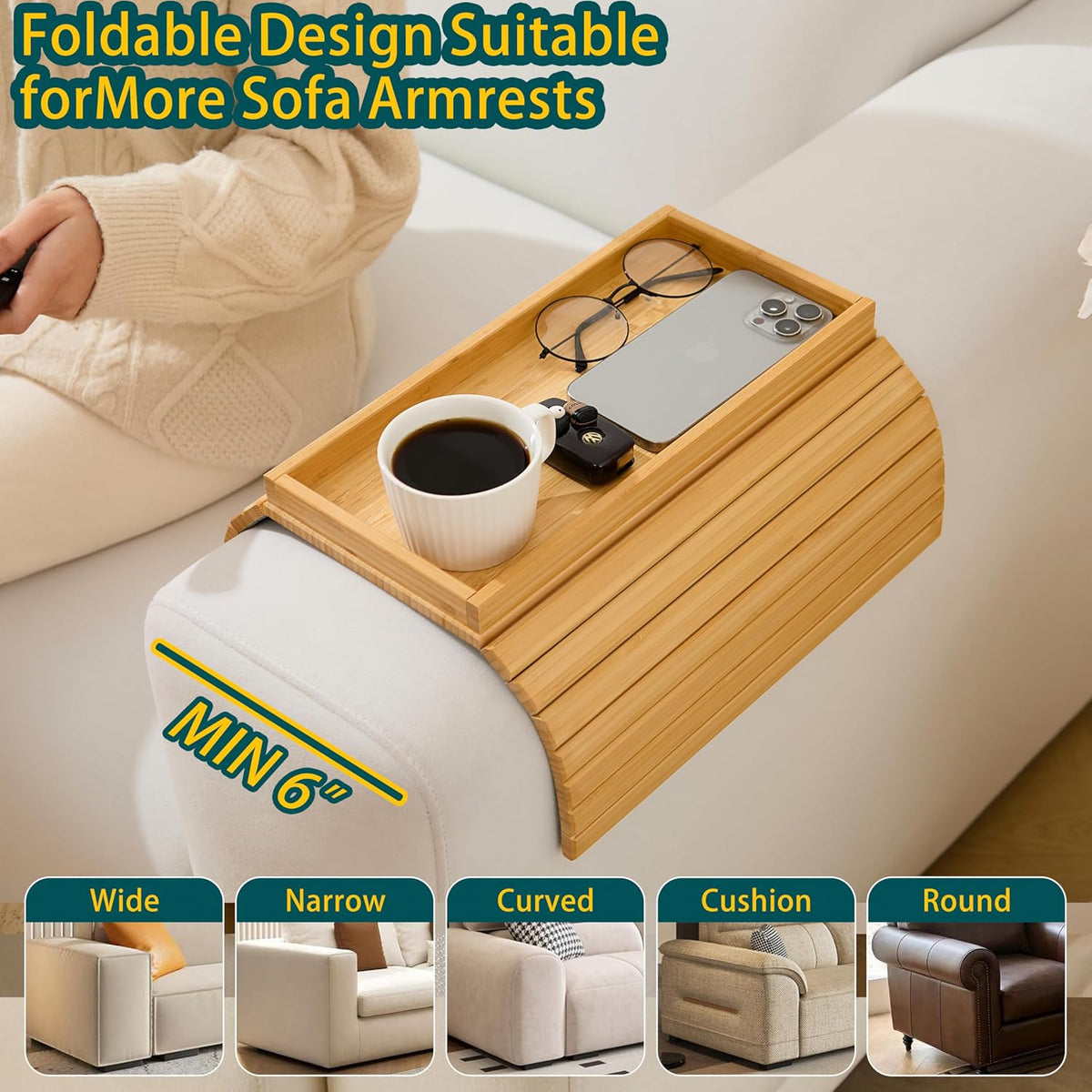 Bamboo Couch Arm Tray Table，Foldable Sofa Armrest Tray Table for Couch，Flexible and Anti-Slip Couch Arm Cup Holder，Portable Sofa Arm Chair Table for Drink,Cups, Eats，Snacks, Phone, Remote - Image 4