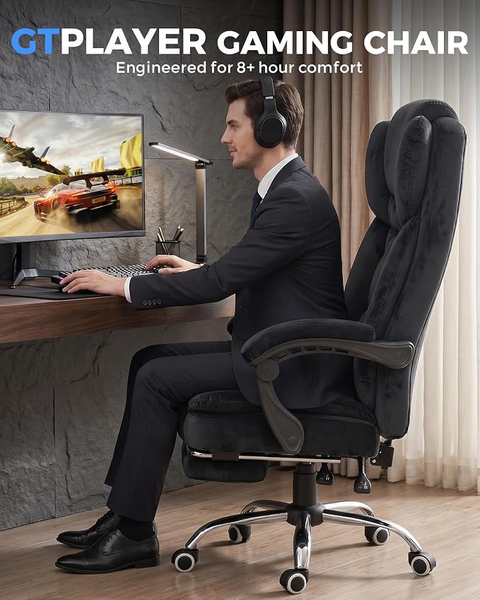 GTPLAYER Big and Tall Office Chair with Pocket Spring Cushion & Ergonomic Lumbar Support for Lower Back Pain Relief, High Back Computer Gaming Chair with Foot Rest, Soft Velvet Fabric, Black - Image 8