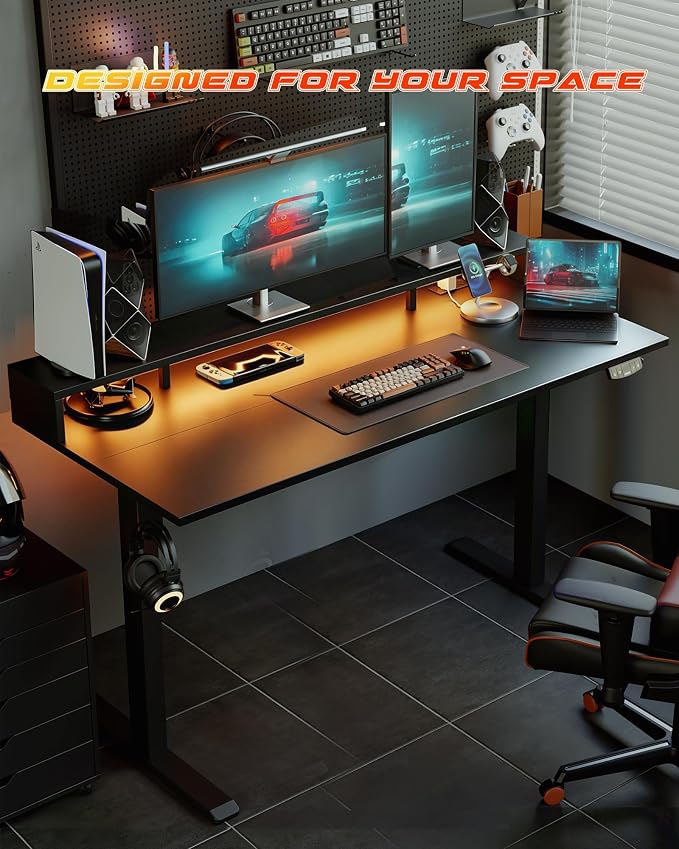 Agilestic 55 * 24 Inch Electric Standing Desk with Shelf & Led, Black | Electric Height Adjustable, Outlets&Led, Monitor Stand, Sturdy Steel Frame, Memory Presets, Hooks, 154 lbs, Splice Board - Image 4