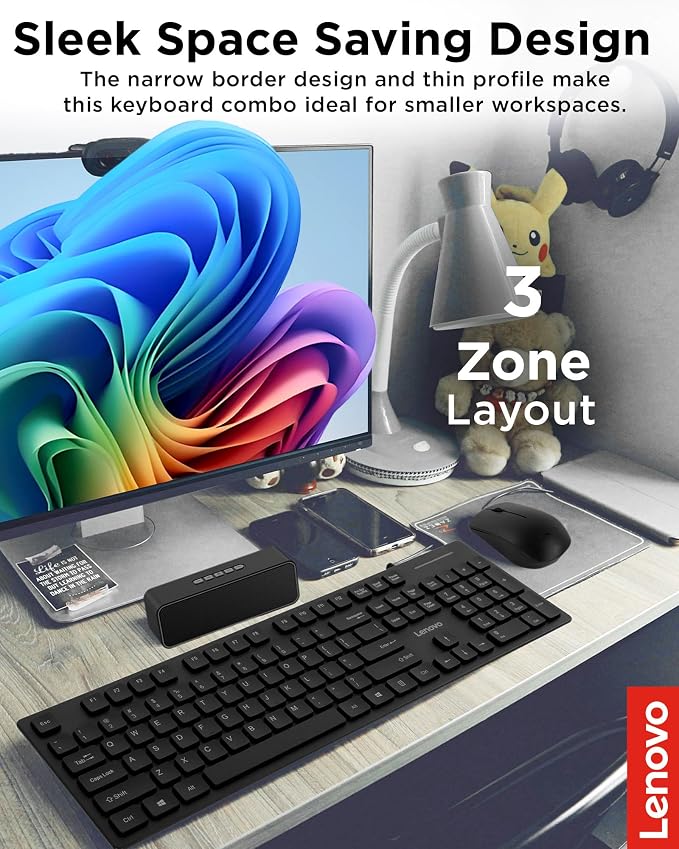 Lenovo 305 USB-C Wired Keyboard & Mouse Combo, Black, Spill-Resistant, Narrow Border, Adjustable Tilt, Full-Size Keyboard & Mouse, Compatible with Laptop, PC, Tablet, USB-C Connectivity Gaming Office - Image 3