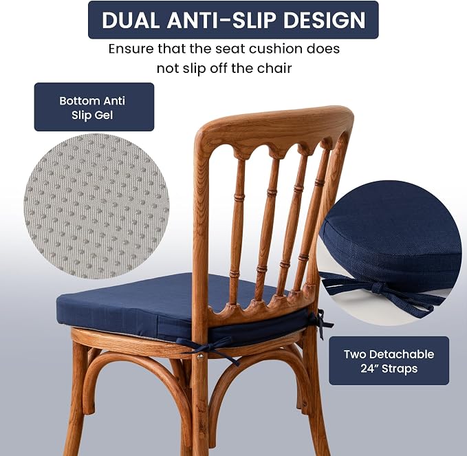 Battilo Chair Cushions for Dining Chairs with Ties, Indoor/Outdoor Waterproof Kitchen Chair Pad with Non-Slip Backing, Seat Cushions with Machine Washable Removable Cover, 16"x16"x2", Set of 2, Navy - Image 4