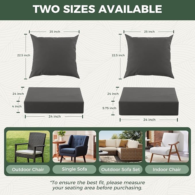 Outdoor Cushions for Patio Furniture, Outdoor Seat Cushion Set 24 x 24 x 4 Inch, Waterproof & Fade Resistant Outdoor Chair Cushions, Deep Patio Chair Cushion with Removable Cover, Dark Grey - Image 5