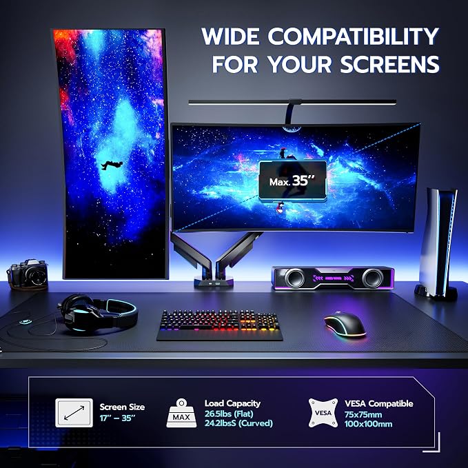 ARES WING 17-35 Inch Heavy Duty Dual Monitor Arm with USB, Black | Fully Adjustable Monitor Mount for Flat Curved Ultrawide Screens Up to 26.5lbs, C-Clamp & Grommet Base, 75/100 Vesa Mount - Image 2