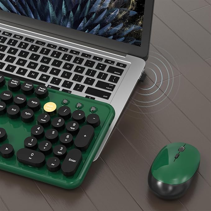 Colorful MPTOG Wireless Computer Keyboard and Mouse Combo (Dark Green) | Retro Round Typewriter Keycaps, Power Switch, Ergonomic Design, 2.4GHz Wireless for Windows, Mac, PC - Image 4