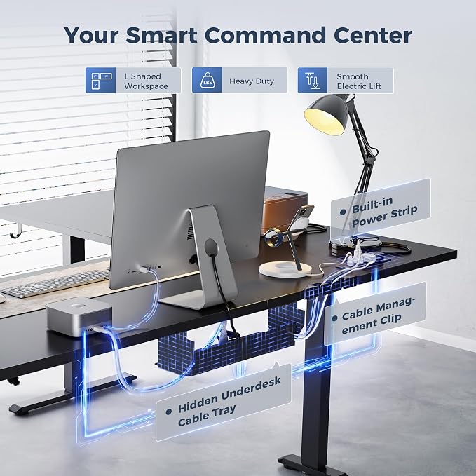 Klicelor L Shaped Standing Desk 63 x 48 Inch,Electric Height Adjustable Corner Desk with Cable Management & Power Outlets, Ergonomic Sit Stand Up Computer Table for Home Office,Black - Image 4