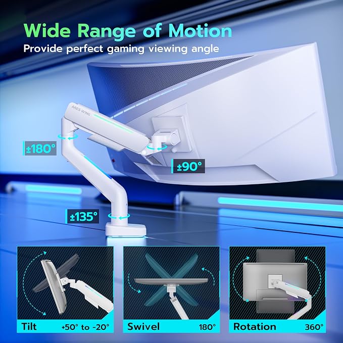 ARES WING Ultrawide Monitor arm with RGB for 17-49 Inch Screen, White | Heavy Duty Gas Spring Single Monitor Arm, Adjustable Gaming Computer Monitor Arm for Desk up to 44lbs - Image 4