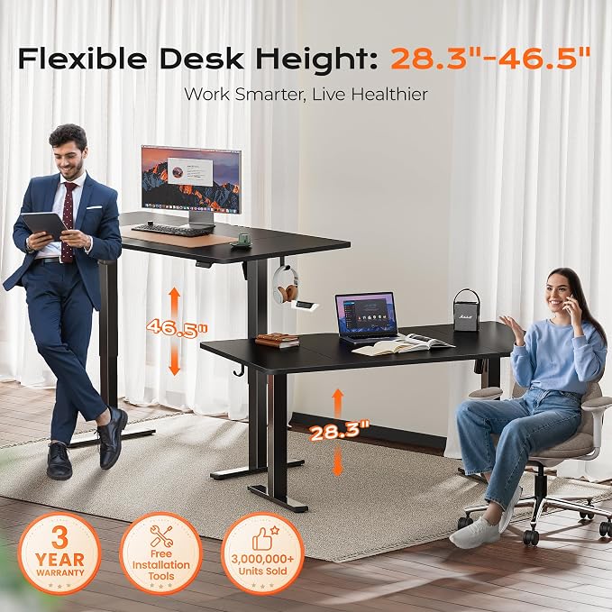 Huuger 63 x 28 Large Electric Standing Desk, Height Adjustable Computer Desk, 27.6" Deep Desktop, Stand up Gaming Office Table with 2 Hooks, 3 Preset Heights, for Home Office, Black - Image 3