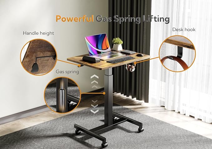 Claiks Mobile Rolling Desk Small Portable Laptop Cart on Wheels, 28" Brown | Rolling Adjustable Desk, Lockable Wheels, Gas Spring Lift, Side Hook, Easy Assembly - Image 5