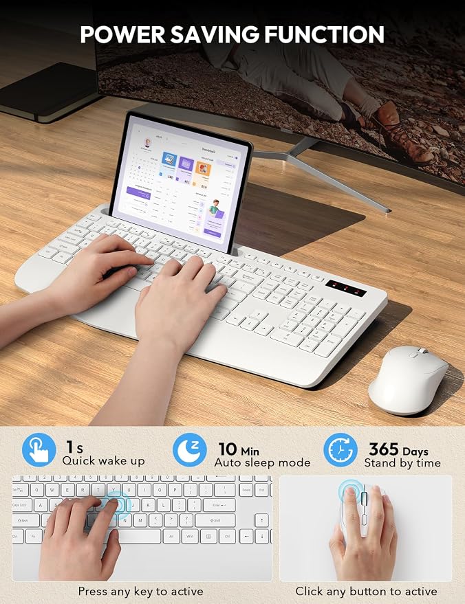 Wireless Keyboard and Mouse Combo, Full Size, Ergonomic Wrist Rest | 2.4G Lag-Free, 3-Level DPI, Phone Holder, Silent Typing, KM23D Batteries Powered Set for PC, Laptop, Windows, macOS (White) - Image 7