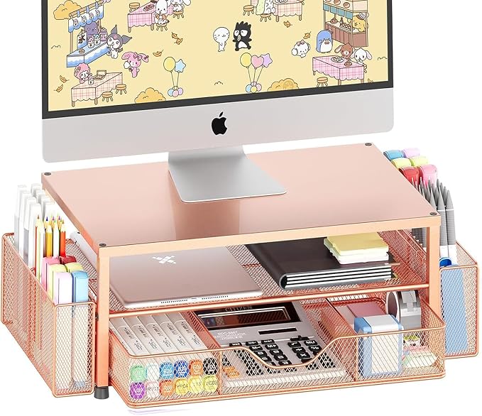 Desk Organizer and Accessories, 2-Tier Computer Monitor Stand Riser with Drawer and 2 Pen Holders, Laptop Stand, Office Desk Accessories for Office Supplies, 1 Pack, Rose by OPNICE
