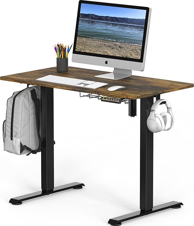 SHW 48-Inch Electric Height Adjustable Sit to Stand Desk, Rustic Brown | with Hanging Hooks and Cable Management, Black Frame and Rustic Brown Top - Image 3