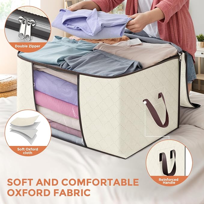 90L Large Storage Bags, 6 Pack Clothes Storage Bins Closet Organizers | Foldable Storage Containers, with Reinforced Handle, for Clothing, Blanket, Comforters, Bed Sheets, Pillows and Toys - Image 4