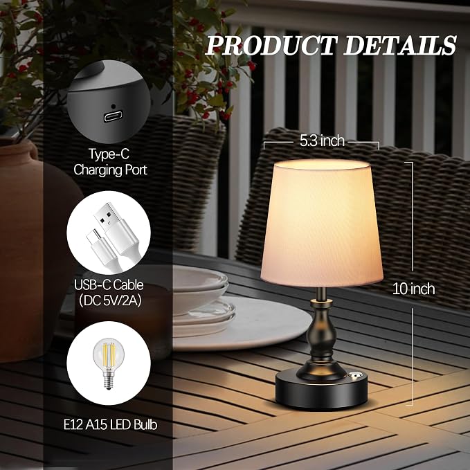 Mini Cordless LED Table Lamp, 5200mAh Rechargeable Battery Operated Lamp, 3-Level Brightness, Touch Dimmable Desk Lamp, Bedside Night Light for Patio Camping Restaurant Home, Matte Black - Image 5