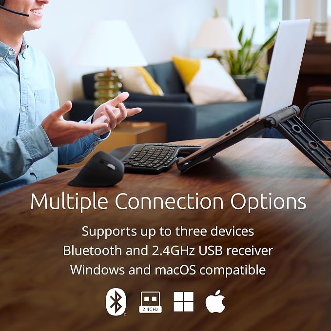 Kensington Pro Fit Ergo Wireless Keyboard KB675, Ergonomic, Rechargeable, Bluetooth & 2.4GHz Connection, Programmable Keys, Black, K75491US | Ergonomic layout, rechargeable, Bluetooth and 2.4GHz connection, programmable keys - Image 3