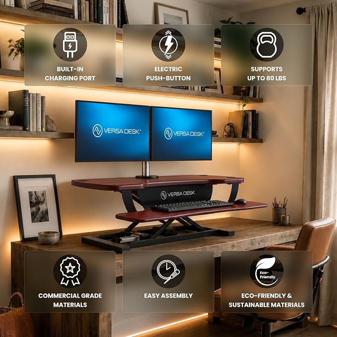 PowerPro 48 Inch Electric Standing Desk Converter – Push-Button Height Adjustable Sit to Stand Desk Riser for Multiple Monitors – Motorized Desktop Workstation with Wide Keyboard Tray - Image 3