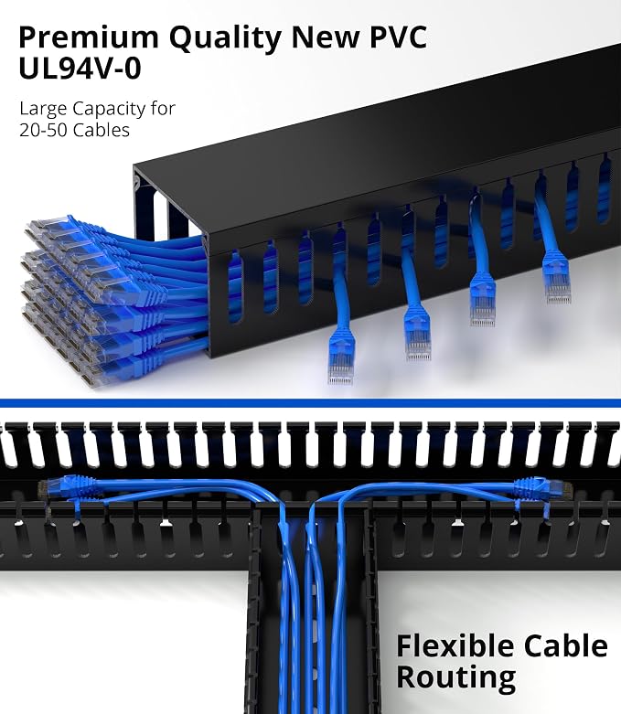 ZhiYo 2"H x 2.4"W Cable Management Raceway, 95in Under Desk Channel, Black | Slotted Wire Duct, 4Pack, 23.6in Each, Heavy-Duty PVC Cable Management for Server Racks, Network Cables & Electrical Cabinets - Image 4
