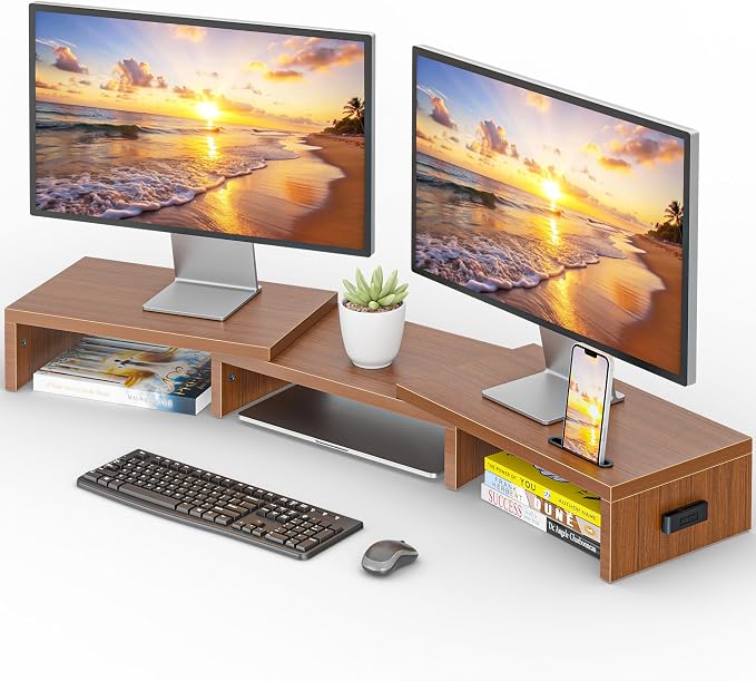 BONTEC Dual Monitor Stand Riser, Adjustable Length & Swivel Angle, Walnut | Ergonomic Wooden Desktop Organizer with Smartphone Holder, Computer Monitor Stand for PC, Laptop, Printer and Large Storage by BONTEC