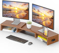 BONTEC Dual Monitor Stand Riser, Adjustable Length & Swivel Angle, Walnut | Ergonomic Wooden Desktop Organizer with Smartphone Holder, Computer Monitor Stand for PC, Laptop, Printer and Large Storage by BONTEC