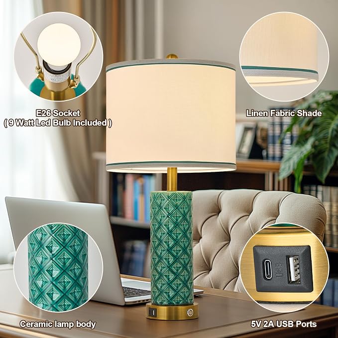 Set of 2 Table Lamp for Living Room Bedroom Farmhouse,26'' Touch Control Bedroom Turquoise Ceramic Lamps 3-Way Dimmable Bedside Lamps with USB A+C Ports Linen Shade for Home - Image 5