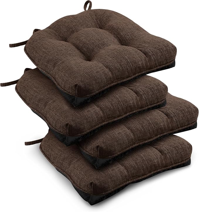 downluxe Indoor Chair Cushions for Dining Chairs, Tufted Overstuffed Textured Foam Kitchen Chair Pads with Ties and Non-Slip Backing, 15.5" x 15.5" x 4", Brown, 4 Pack by Downluxe